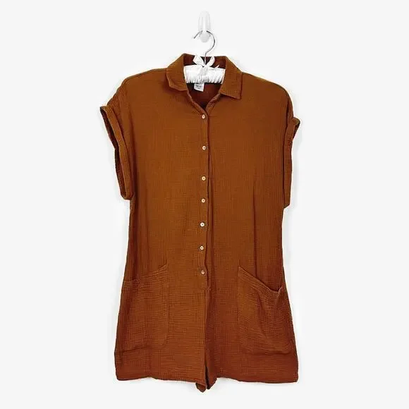 L*SPACE Mika Romper Size S Brown Gauze Cotton Button Front Pockets Revolve - Picture 3 of 4